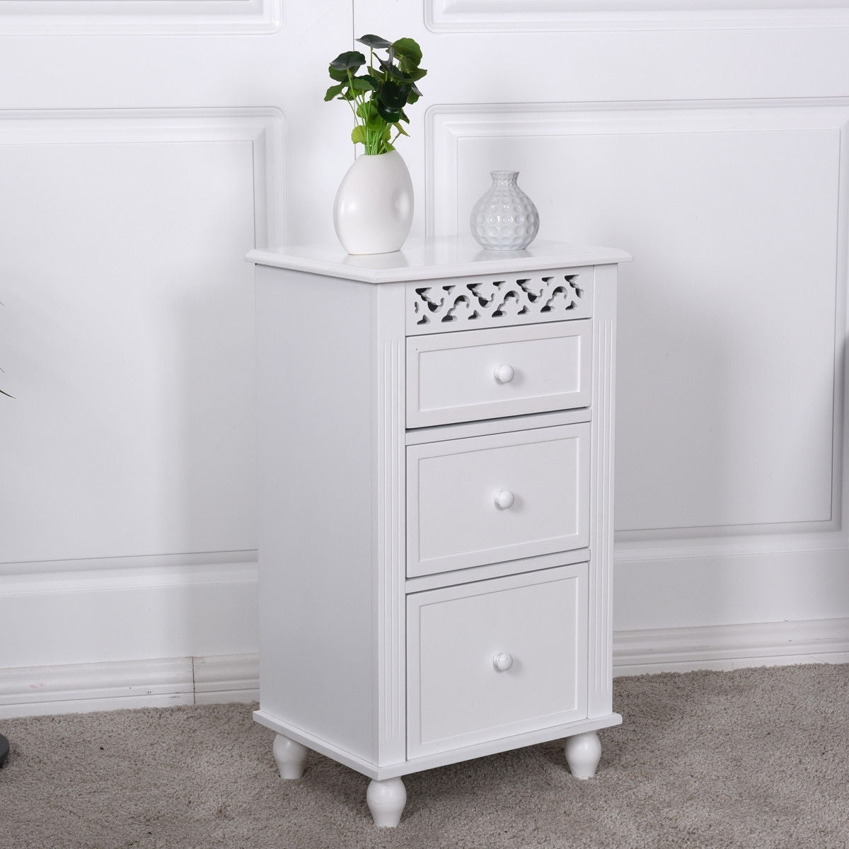 Multi Drawer Wooden Bathroom Storage Cabinet with Carved Design