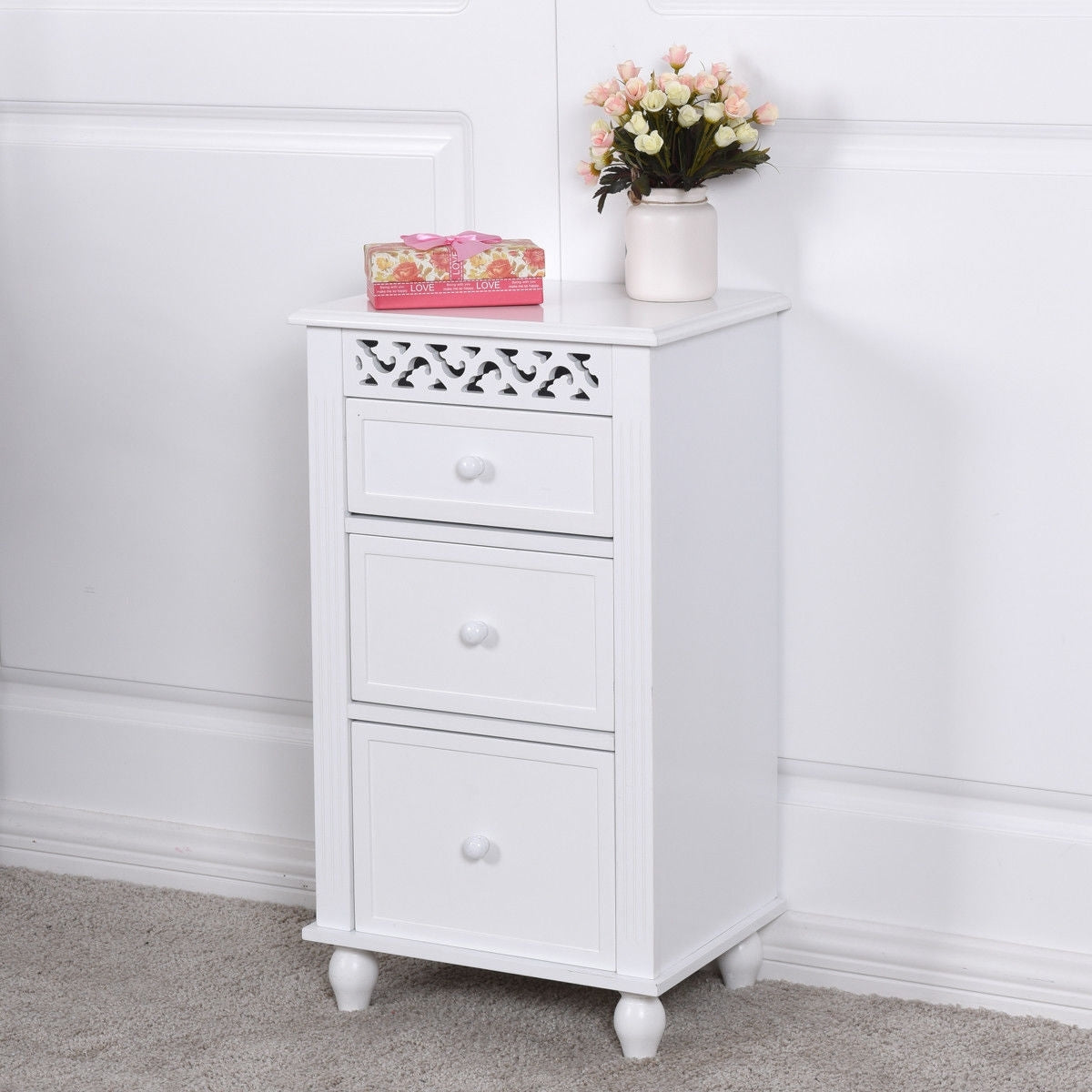 Multi Drawer Wooden Bathroom Storage Cabinet with Carved Design