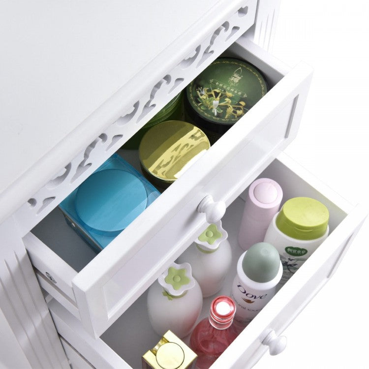 Multi Drawer Wooden Bathroom Storage Cabinet with Carved Design