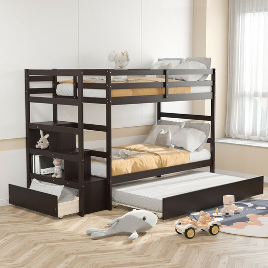 Space-Saving Twin Over Twin Bunk Bed with Storage Shelf and Drawer - Dark Brown