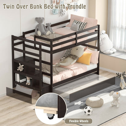 Space-Saving Twin Over Twin Bunk Bed with Storage Shelf and Drawer - Dark Brown