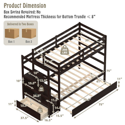 Space-Saving Twin Over Twin Bunk Bed with Storage Shelf and Drawer - Dark Brown