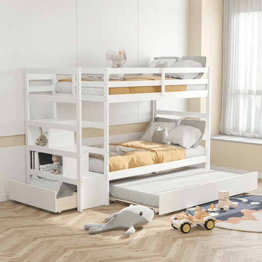 Space-Saving Twin Over Twin Bunk Bed with Storage Shelf and Drawer - White