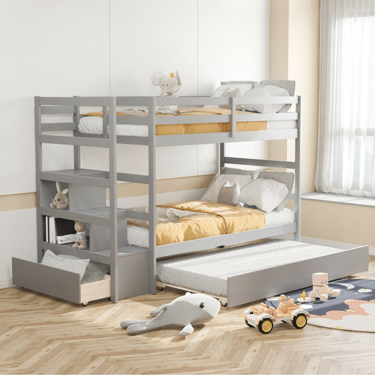 Space-Saving Twin Over Twin Bunk Bed with Storage Shelf and Drawer - Light Grey