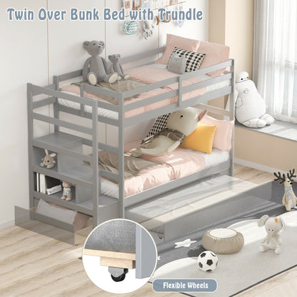 Space-Saving Twin Over Twin Bunk Bed with Storage Shelf and Drawer - Light Grey