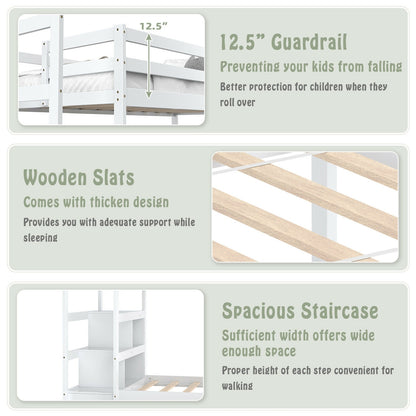 Space-Saving Twin Over Twin Bunk Bed with Storage Shelf and Drawer - White