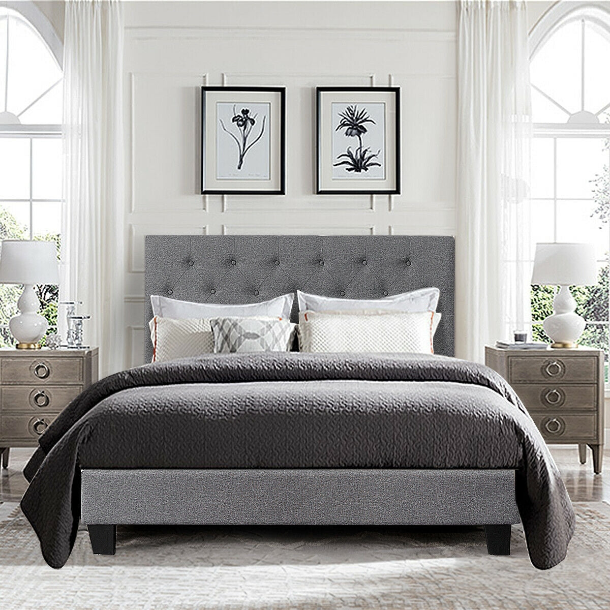 Exquisite Full Size Upholstered Platform Bed with Elegant Linen-Tufted Headboard