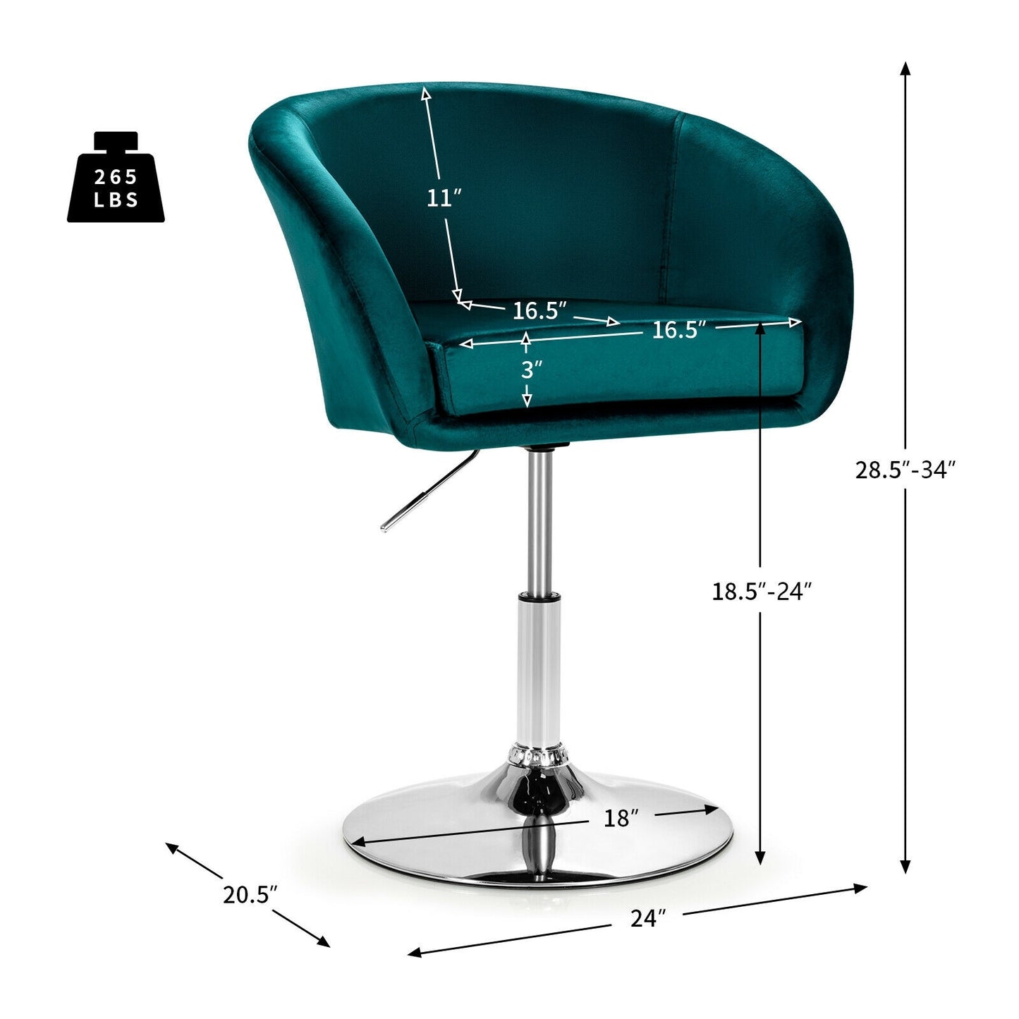 360 Degree Swivel Velvet Vanity Chair with Round Backrest and Metal Base in Green