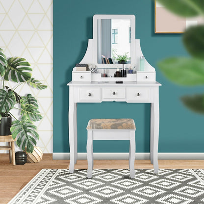 Makeup Vanity Set with 5 Drawers, Rotating Mirror, Removable Organizer, and Padded Stool – White