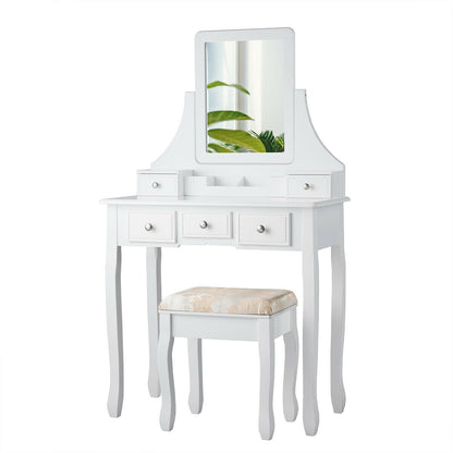 Makeup Vanity Set with 5 Drawers, Rotating Mirror, Removable Organizer, and Padded Stool – White