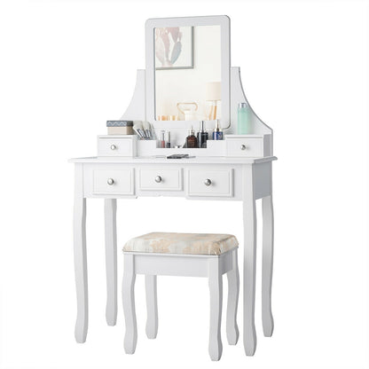 Makeup Vanity Set with 5 Drawers, Rotating Mirror, Removable Organizer, and Padded Stool – White