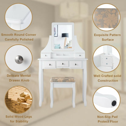 Makeup Vanity Set with 5 Drawers, Rotating Mirror, Removable Organizer, and Padded Stool – White