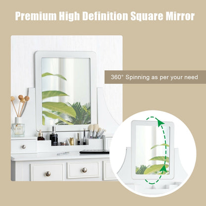 Makeup Vanity Set with 5 Drawers, Rotating Mirror, Removable Organizer, and Padded Stool – White