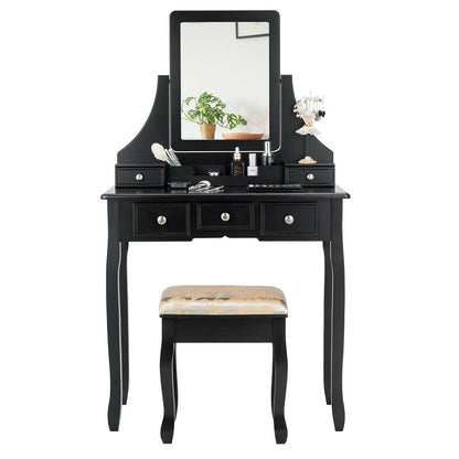 Makeup Vanity Set with 5 Drawers, Rotating Mirror, Removable Organizer, and Padded Stool – Black