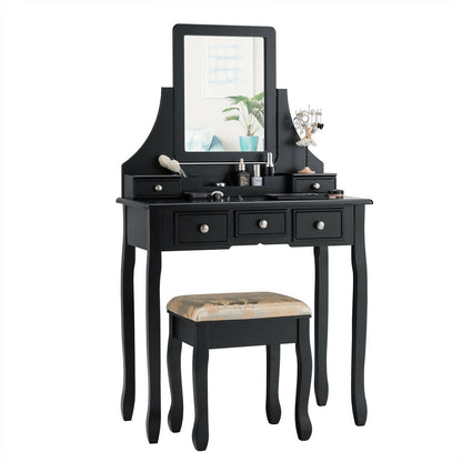 Makeup Vanity Set with 5 Drawers, Rotating Mirror, Removable Organizer, and Padded Stool – Black