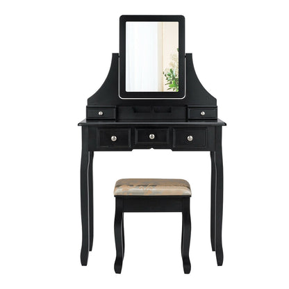 Makeup Vanity Set with 5 Drawers, Rotating Mirror, Removable Organizer, and Padded Stool – Black