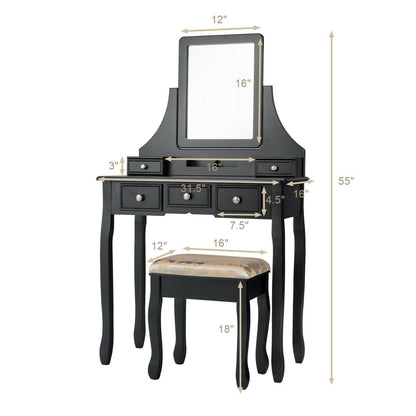 Makeup Vanity Set with 5 Drawers, Rotating Mirror, Removable Organizer, and Padded Stool – Black