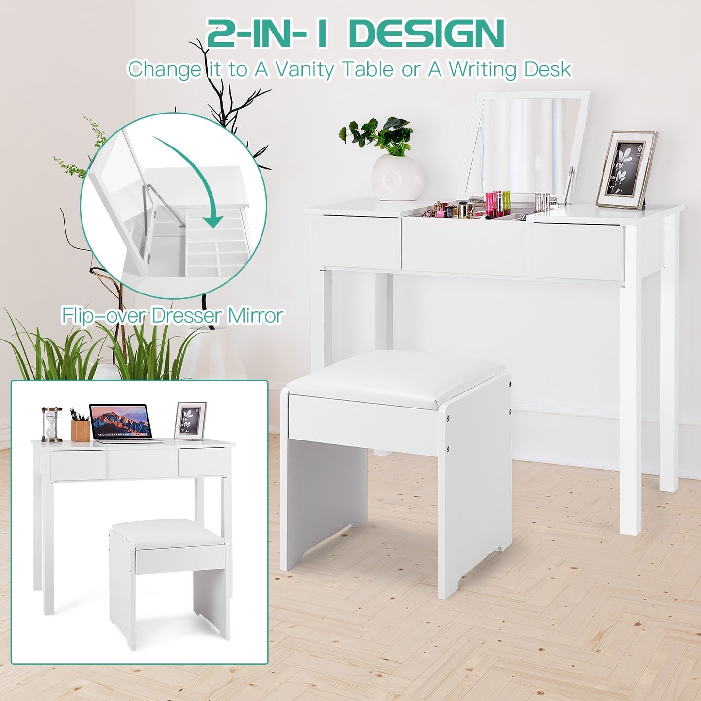 Elegant Vanity Set with Flip Mirror, Built-In Storage, and Comfort Seat – White