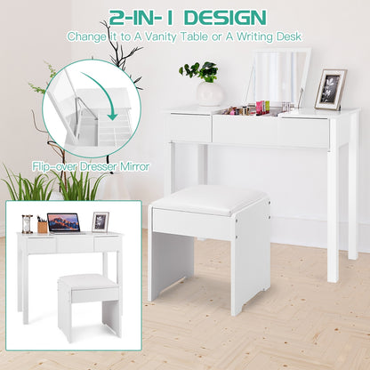 Elegant Vanity Set with Flip Mirror, Built-In Storage, and Comfort Seat – White