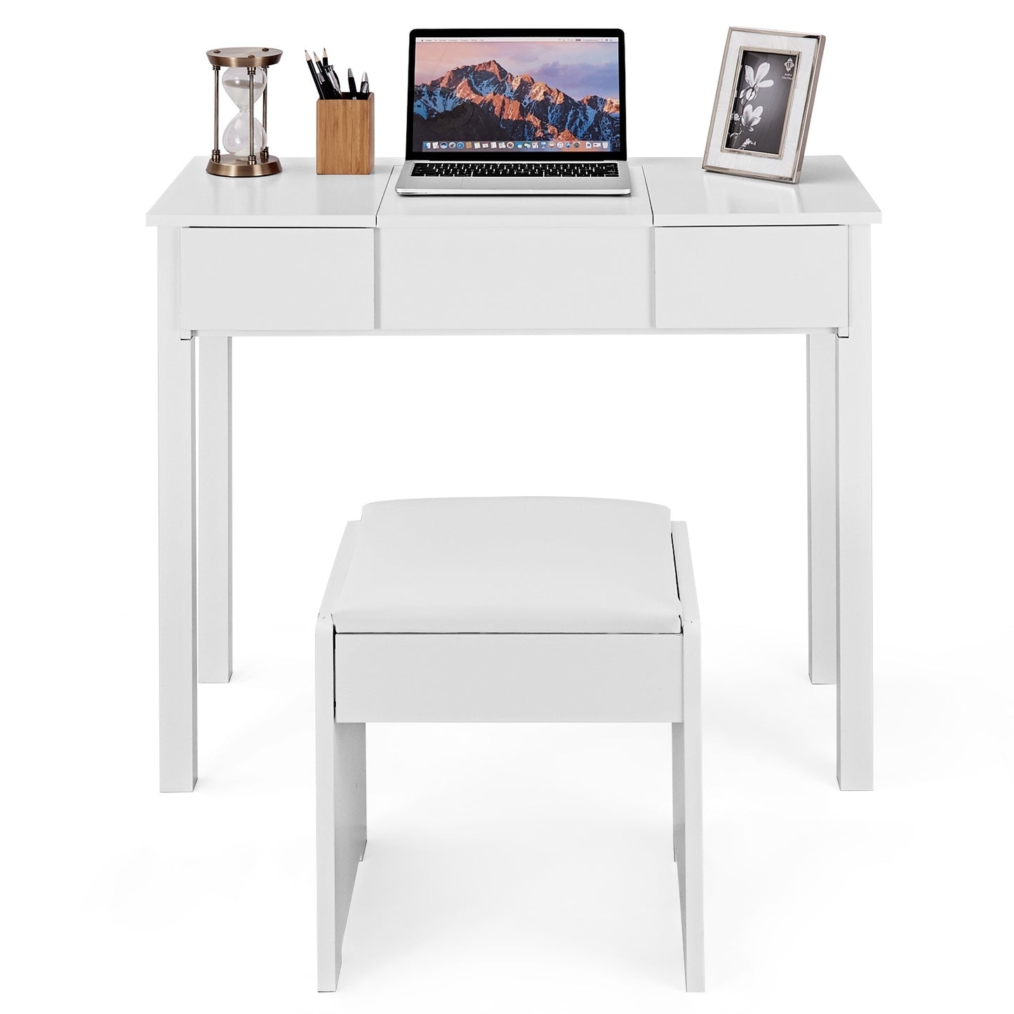 Elegant Vanity Set with Flip Mirror, Built-In Storage, and Comfort Seat – White