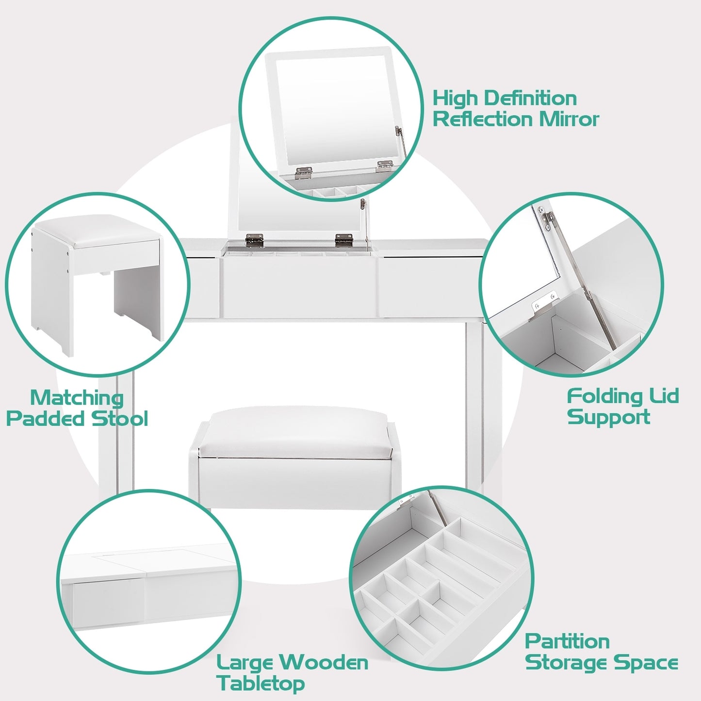 Elegant Vanity Set with Flip Mirror, Built-In Storage, and Comfort Seat – White