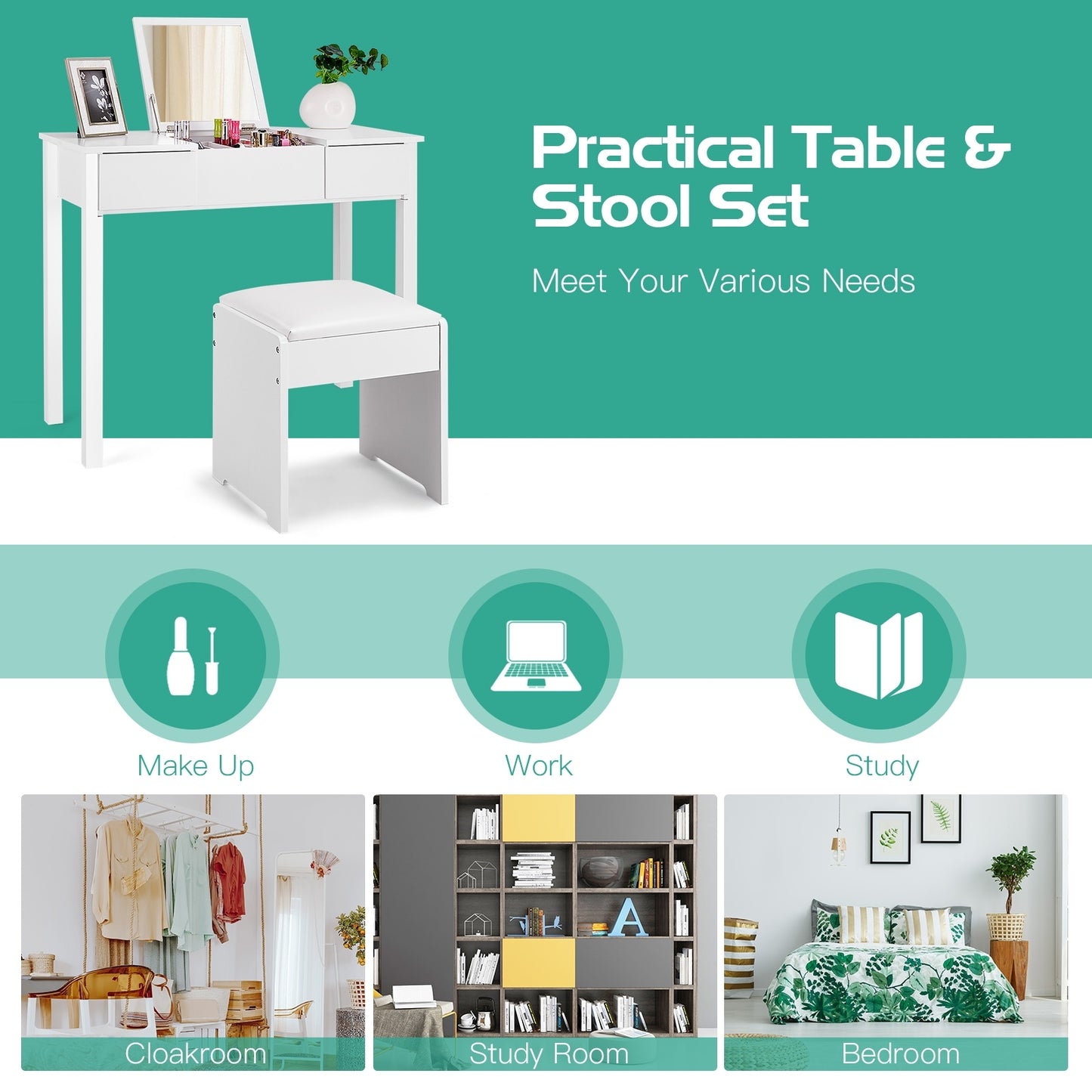 Elegant Vanity Set with Flip Mirror, Built-In Storage, and Comfort Seat – White