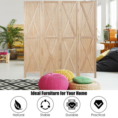 5.6 Ft 4 Panel Wooden Room Divider with Rustic X Design – Natural