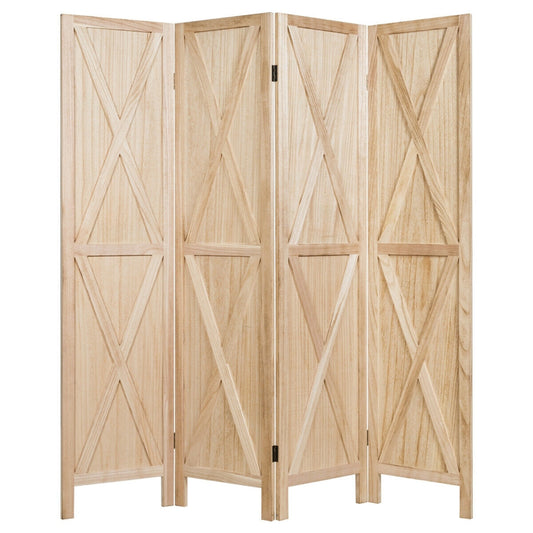 5.6 Ft 4 Panel Wooden Room Divider with Rustic X Design – Natural