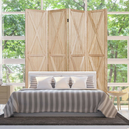 5.6 Ft 4 Panel Wooden Room Divider with Rustic X Design – Natural