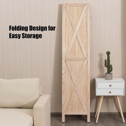 5.6 Ft 4 Panel Wooden Room Divider with Rustic X Design – Natural