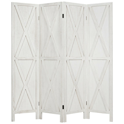 5.6 Ft 4 Panel Wooden Room Divider with Rustic X Design – White
