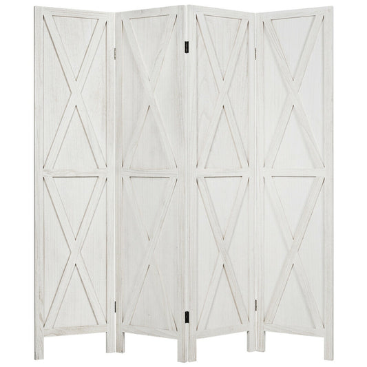 5.6 Ft 4 Panel Wooden Room Divider with Rustic X Design – White