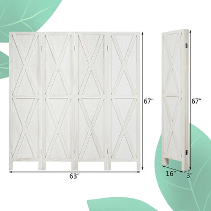 5.6 Ft 4 Panel Wooden Room Divider with Rustic X Design – White