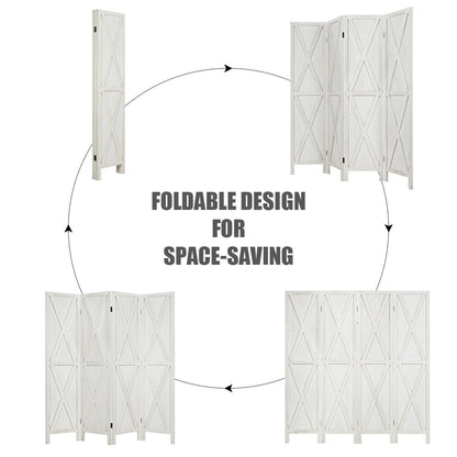 5.6 Ft 4 Panel Wooden Room Divider with Rustic X Design – White