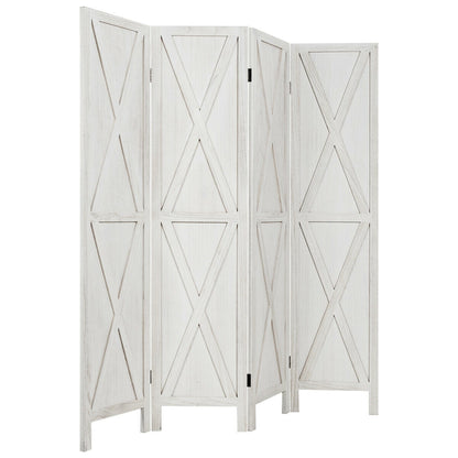 5.6 Ft 4 Panel Wooden Room Divider with Rustic X Design – White