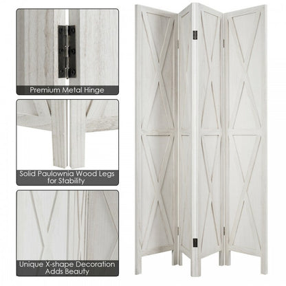 5.6 Ft 4 Panel Wooden Room Divider with Rustic X Design – White