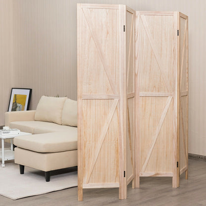 4-Panel Rustic Folding Wooden Room Divider with V-Shaped Design - Natural