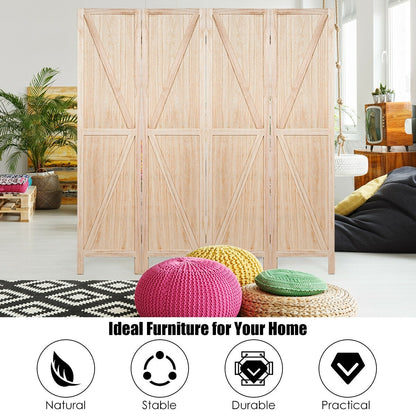 4-Panel Rustic Folding Wooden Room Divider with V-Shaped Design - Natural