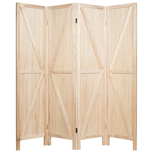 4-Panel Rustic Folding Wooden Room Divider with V-Shaped Design - Natural