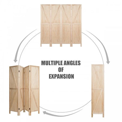 4-Panel Rustic Folding Wooden Room Divider with V-Shaped Design - Natural