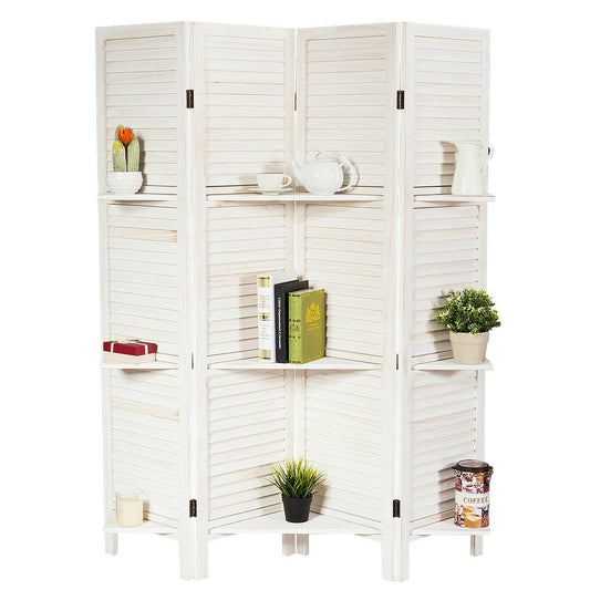 4-Panel Folding Room Divider with 3 Storage Shelves - White
