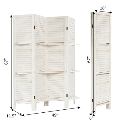 4-Panel Folding Room Divider with 3 Storage Shelves - White