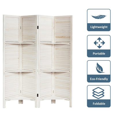 4-Panel Folding Room Divider with 3 Storage Shelves - White