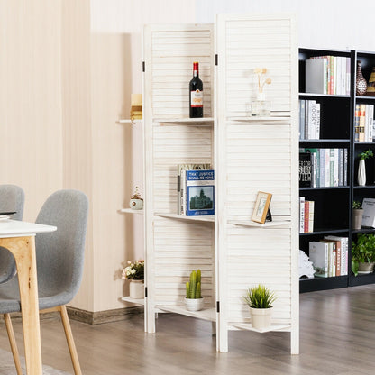 4-Panel Folding Room Divider with 3 Storage Shelves - White