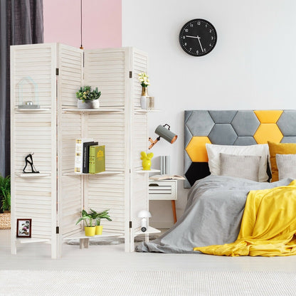4-Panel Folding Room Divider with 3 Storage Shelves - White