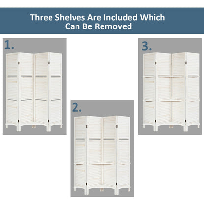 4-Panel Folding Room Divider with 3 Storage Shelves - White