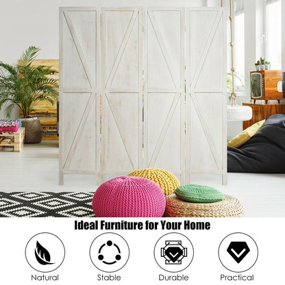 4-Panel Rustic Folding Wooden Room Divider with V-Shaped Design - White