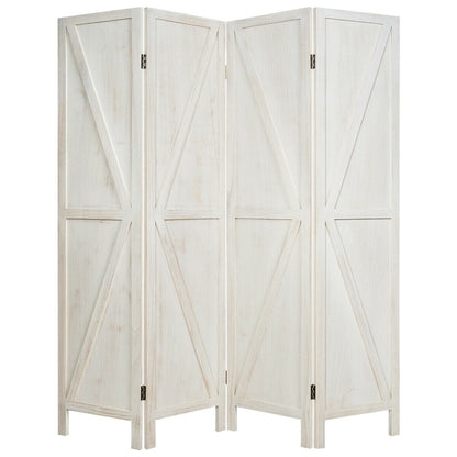 4-Panel Rustic Folding Wooden Room Divider with V-Shaped Design - White