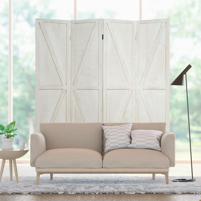 4-Panel Rustic Folding Wooden Room Divider with V-Shaped Design - White