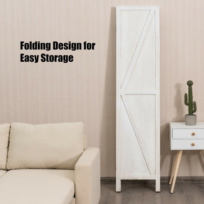 4-Panel Rustic Folding Wooden Room Divider with V-Shaped Design - White